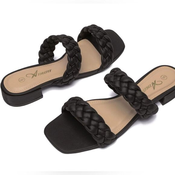 Athlefit Size 10 Square Toe Black Braided slip on sandals - Picture 1 of 13